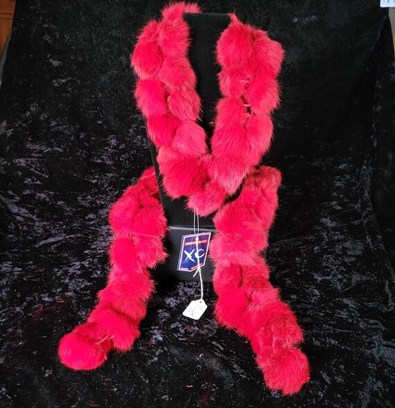 Three Vintage Red Angora Furry Pom Pom Scarves