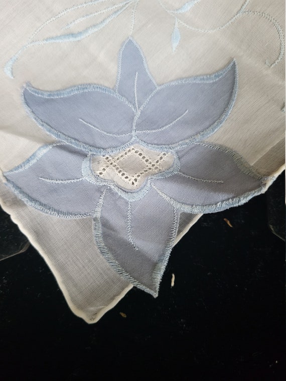 Vintage White Linen and  Blue Flower Embroidered H