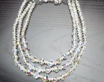 Vintage Rock Crystal Three Strand  Choker Necklace