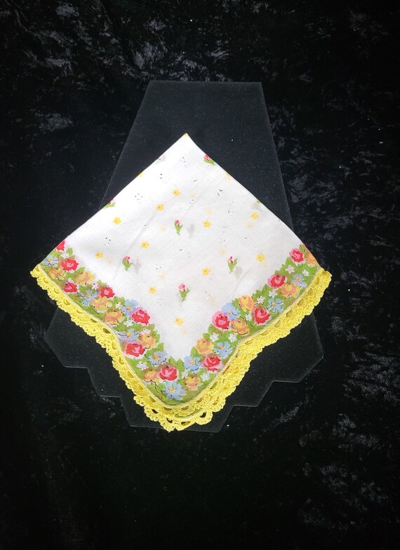 Vintage  Handkerchief - Floral with Yellow Scallop