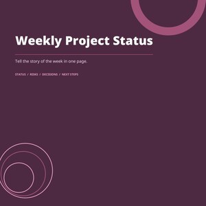 May include: A dark purple document titled Weekly Project Status with white text. It includes the headings Project Management Essentials, Phase 4: Weekly Project Status, A Practical Delivery Toolkit for Small Agencies, and Status / Risks / Decisions / Next Steps.