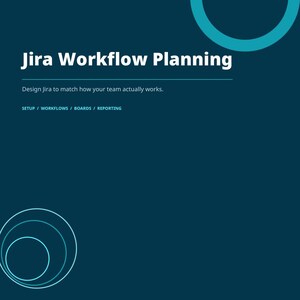 May include: A dark blue document cover titled Jira Workflow Planning, featuring the subtitle Design Jira to match how your team actually works, with sections for setup, workflows, boards, and reporting, plus teal circular graphic elements.