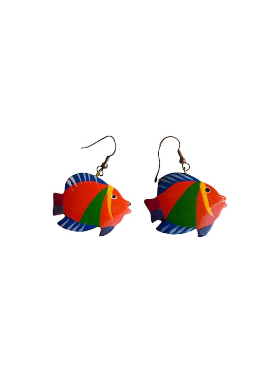 Vintage Colorful Kitschy Wooden Fish Earrings - F… - image 1