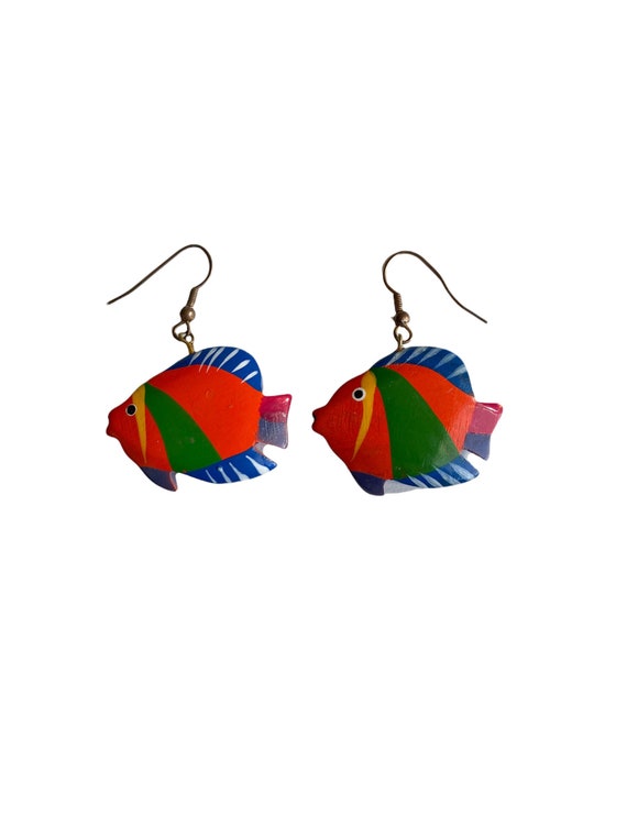 Vintage Colorful Kitschy Wooden Fish Earrings - F… - image 2