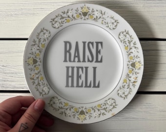 Decorative Profanity Plate, Raise Hell, Upcycled Plate, Curse Word Decor, Thrifted, Bad Word Art, Kitchen Decor, Grandmacore, Housewarming