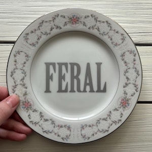 Decorative Profanity Plate, Feral, Upcycled Plate, Curse Word Decor, Thrifted, Bad Word Art, Kitchen Decorations, Housewarming Gift