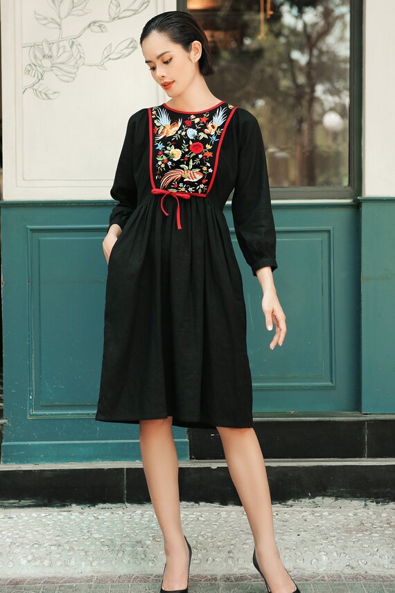 hand embroidery black dress