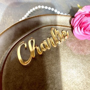 May include: A gold-colored acrylic nameplate that reads "Charlie" in a cursive font. The nameplate is placed on a brown plate, with a pink rose and a string of pearls in the background.