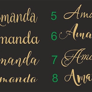 May include: A dark gray background displays the name "Amanda" in eight different elegant, cursive fonts. Each instance of the name is in a gold color. Numbers 1-8 in green are next to each name.