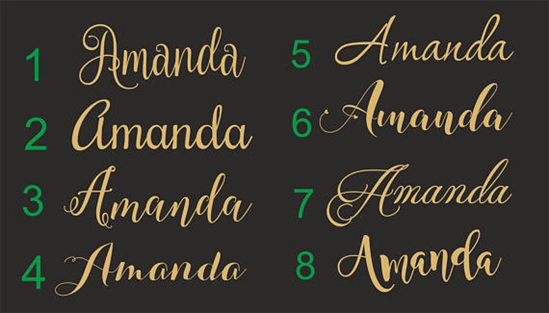 May include: A dark gray background displays the name "Amanda" in eight different elegant, cursive fonts. Each instance of the name is in a gold color. Numbers 1-8 in green are next to each name.