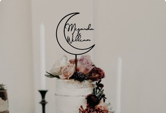Custom celestial wedding cake topper, Moon wedding decor , Moon cake topper, Mr and Mrs wedding cake topper, Name cake topper