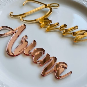 May include: Close-up of gold and rose gold acrylic cursive word cutouts spelling "love" and a gold letter "D". The cutouts are on a white plate with a textured rim. Ideal for wedding decor or DIY projects.