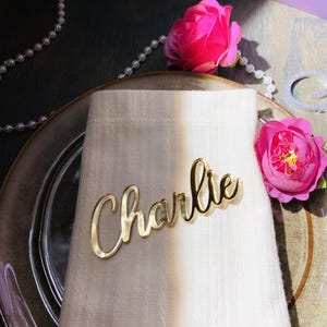 May include: A gold-colored nameplate that reads "Charlie" in cursive script rests on a white napkin. The napkin is placed on a plate, with pink roses and a string of pearls in the background. The scene suggests a wedding or special event.