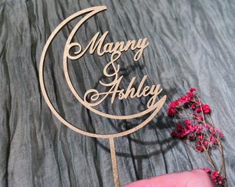 Moon cake topper , Custom celestial wedding cake topper, Moon wedding decor , Mr and Mrs wedding cake topper, Name cake topper