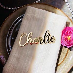 May include: A gold-colored nameplate that reads "Charlie" in cursive script rests on a folded white napkin. The napkin is placed on a decorative plate, with a pink flower and a string of pearls in the background. The nameplate is a decorative element.