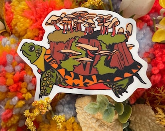 Forest Turtle Carrying Mushrooms, Vinyl Sticker - Waterproof