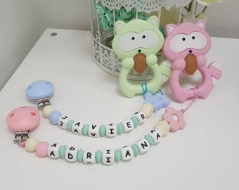 Personalised silicone pacifier clip and teether