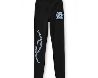 Niebieskie legginsy z ilustracją retro kwiatów | Inspirujący nadruk z boku