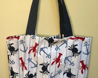 Tote Bag with Pockets - Nautical Red White and Blue