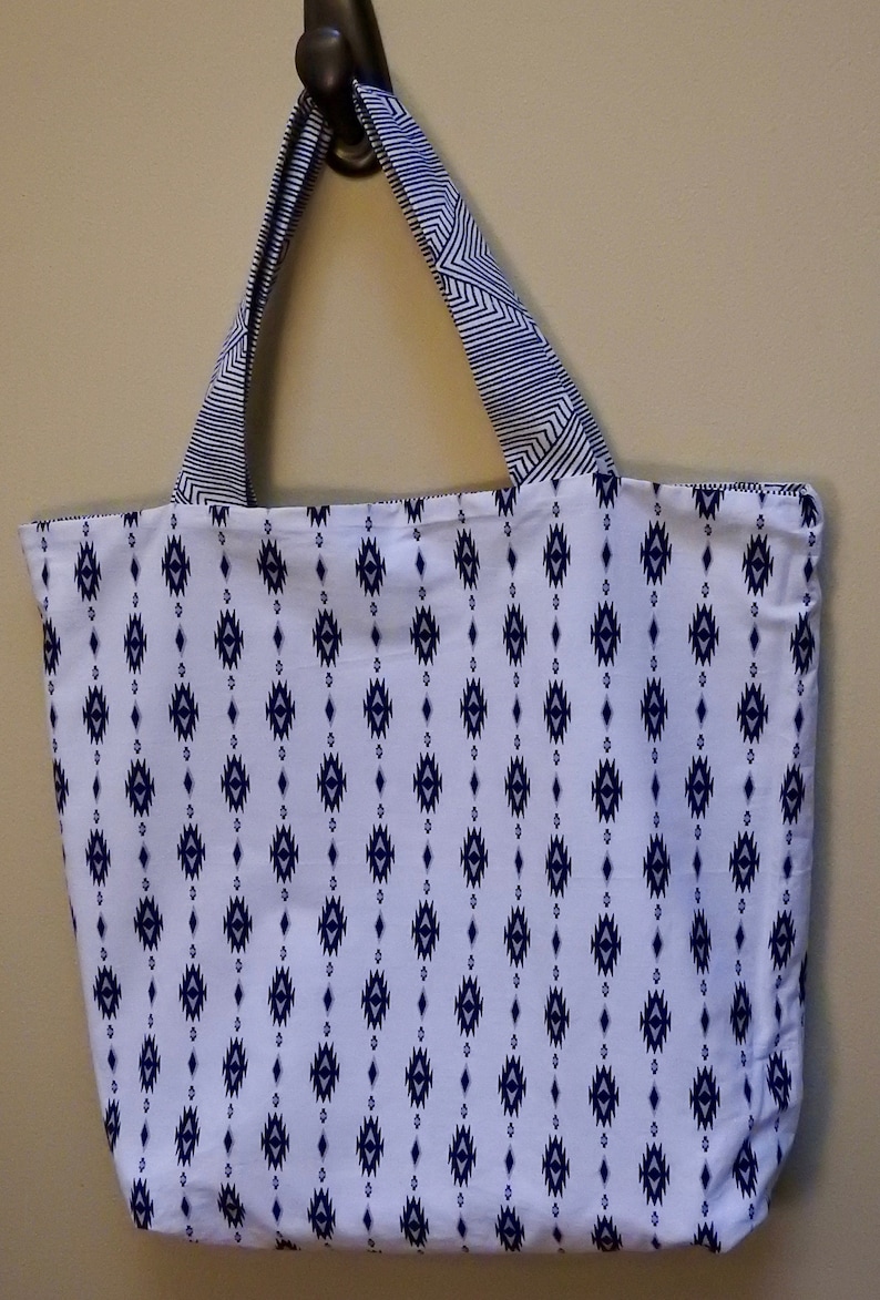Blue and White Geometric Southwestern Reversible Tote Bag