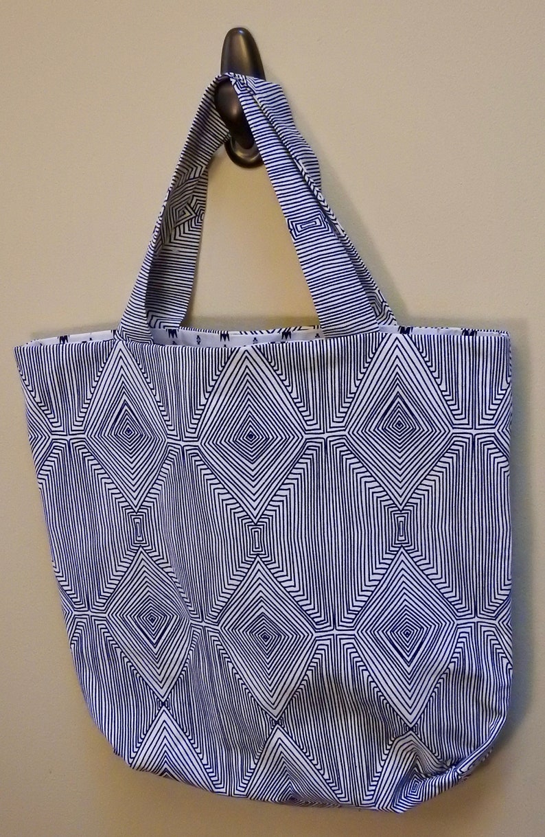 Blue and White Geometric Southwestern Reversible Tote Bag