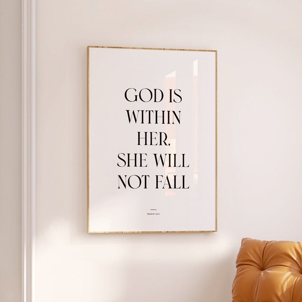 God is within her she will not fall print, Psalm 46:5, Scripture wall art, Bible verse printable, Black and white scripture, Christian decor