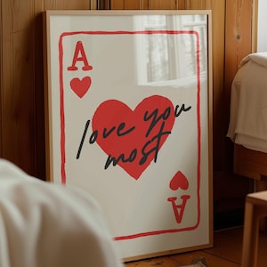 Impresión "Te amo más", póster de la carta del as, decoración moderna para apartamentos, arte de pared de amor, as de picas, naipe retro, decoración de habitación preppy, estética