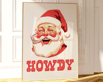 Howdy Santa print, Western Christmas wall art, Cowboy Santa, Retro Christmas printable, Cowgirl Christmas art, Vintage Santa decor