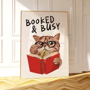 Reading wall art, Booked and busy, Classroom wall decor, Read print, Cat printable, Book lover gift, Library wall art, Trendy retro print