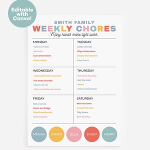 May include: A white weekly chore chart with the text "Smith Family Weekly Chores" in colorful letters. The chart lists chores for each day of the week, with names at the bottom. The words "Editable with Canva!" are in the upper left corner.
