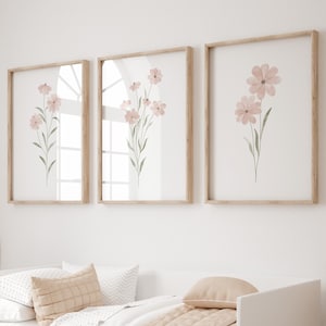 Pink floral wall art set, Floral nursery prints, Wildflower wall art, Blush pink nursery wall art, Girls room print set of 3, Botanical art