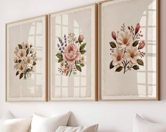 Embroidered Floral Wall Art (Digital Download): Vintage Flower Prints, Girls Nursery Wall Art, Set Of 3 Flower Art, Botanical Wall Art
