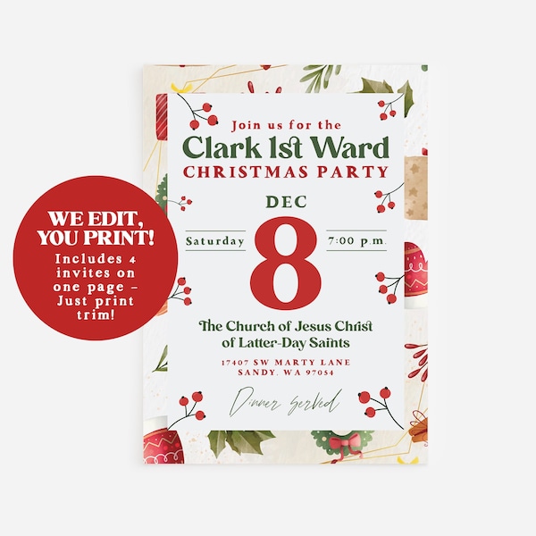 LDS Christmas party invite, Relief society christmas dinner, LDS ward Christmas party poster, Latter Day Saint christmas, Printable invite