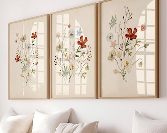 Floral Wall Art Set (Digital Download): Wildflower Prints, Vintage Floral Wall Decor, Botanical Prints, Nursery Flower Wall Art, Set of 3