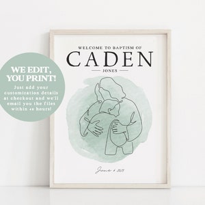 Peut inclure: Une annonce de baptême imprimable avec un fond aquarelle et un dessin au trait d'une personne tenant un enfant. Le texte indique "Bienvenue au baptême de Caden Jones 4 juin 2023".