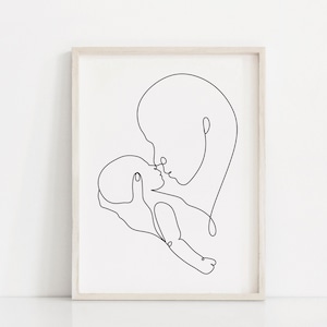 ママと赤ちゃんの線画の印刷物、母と子の壁アート、新生児の線画、ベビーシャワーのギフト、ミニマリストの保育園アート、母性ギフト