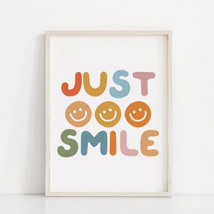 Wydrukuj Just smile, Retro nadruk z uśmiechniętą buźką, Sztuka ścienna do pokoju zabaw dla dzieci, Sztuka z uśmiechniętą buźką, Plakat z uśmiechem, Tęczowe wydruki dla dzieci, Modne wydruki ścienne