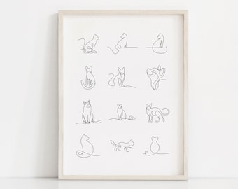 Peut inclure: Une impression d'art imprimable en noir et blanc présentant une collection de 12 dessins de chats minimalistes en ligne dans différentes poses.