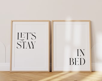 Ensemble d'art de chambre à coucher de 2, Restons au lit, Impression de chambre à coucher en noir et blanc, Décoration murale de chambre principale, Art mural drôle de chambre à coucher, Décor de chambre d'ado