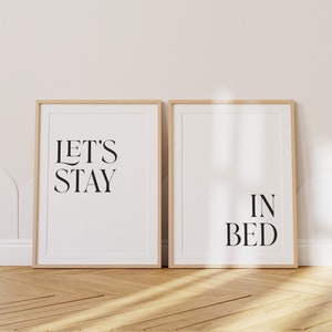 Bedroom art set of 2, Let&#39;s stay in bed, Black and white bedroom print, Master bedroom wall decor, Funny bedroom wall art, Teen room decor