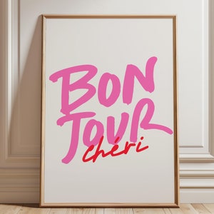 Bonjour Cheri print, French wall art, French Phrase Print, Trendy wall art, Retro French Poster, Typography poster, Hot pink wall art