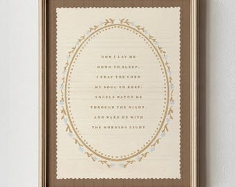Arte de pared para habitación de niña: Ahora me acuesto a dormir, lámina cristiana para habitación de niña, decoración neutra para habitación de niña, arte vintage para habitación de niña, sobre la cuna