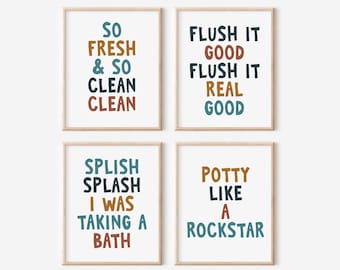Kids bathroom wall art, Funny bathroom wall art, Boys bathroom printables, Set of 4 bathroom prints, Kids bathroom rules, So fresh and clean