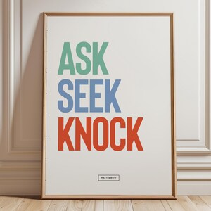 Ask seek knock print, Matthew 7:7, Christian wall art, Modern Christian poster, Bible verse printable, Retro scripture poster, Quote trendy