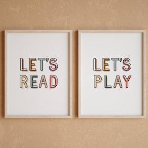 Let&#39;s read let&#39;s play, Playroom wall art, Kids room printable, Set of 2 playroom print, Modern nursery art, Neutral kid art, Playroom poster