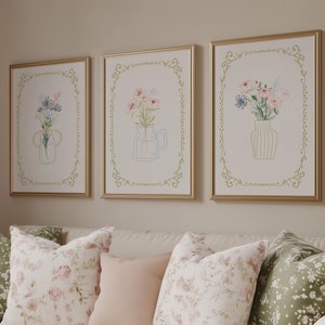 Floral wall art set, Cottagecore art set, Vintage floral posters, Trendy wall art, Set of 3 flower prints, Coquette Wall Art, Girly prints