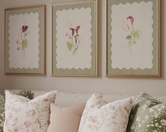 Floral Wall Art Set (Digital Download): Set of 3 Botanical Prints, Vintage Floral Prints, Green Floral Wall Decor, Fall Wall Art