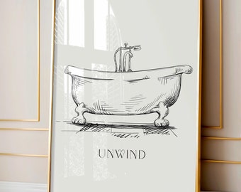 Bathtub wall art, Vintage bathroom print, Bathtub poster, Neutral bathroom art, Bathroom wall decor, Black and white bathroom wall art
