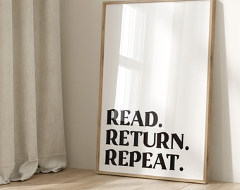 Leer impresión repetida de devolución, arte de pared de biblioteca, impresión de lectura, decoración de biblioteca escolar, arte de pared de sala de juegos, decoración de rincón de lectura, regalo de amante de libros