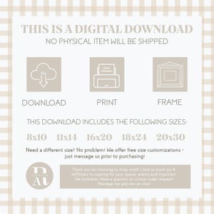 Puede incluir: Gr&aacute;fico informativo de impresi&oacute;n digital. Incluye tama&ntilde;os de 20,3x25,4cm, 27,9x35,6cm, 40,6x50,8cm, 45,7x61cm y 50,8x76,2cm. Presenta iconos para descargar, imprimir y enmarcar. El texto dice: "Esta es una descarga digital."